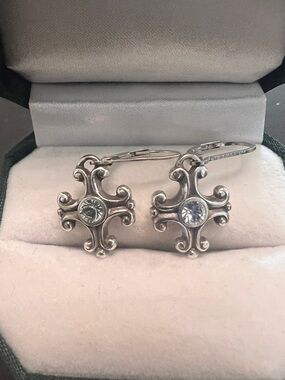 Brighton Silver Scroll Cross Earrings with Clear Stones